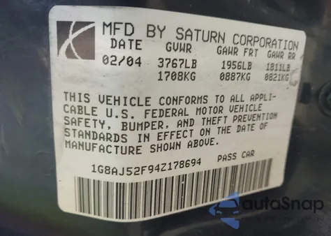 2004 Saturn Ion 2 from USA, damaged, VIN 1G8AJ52F94Z178694